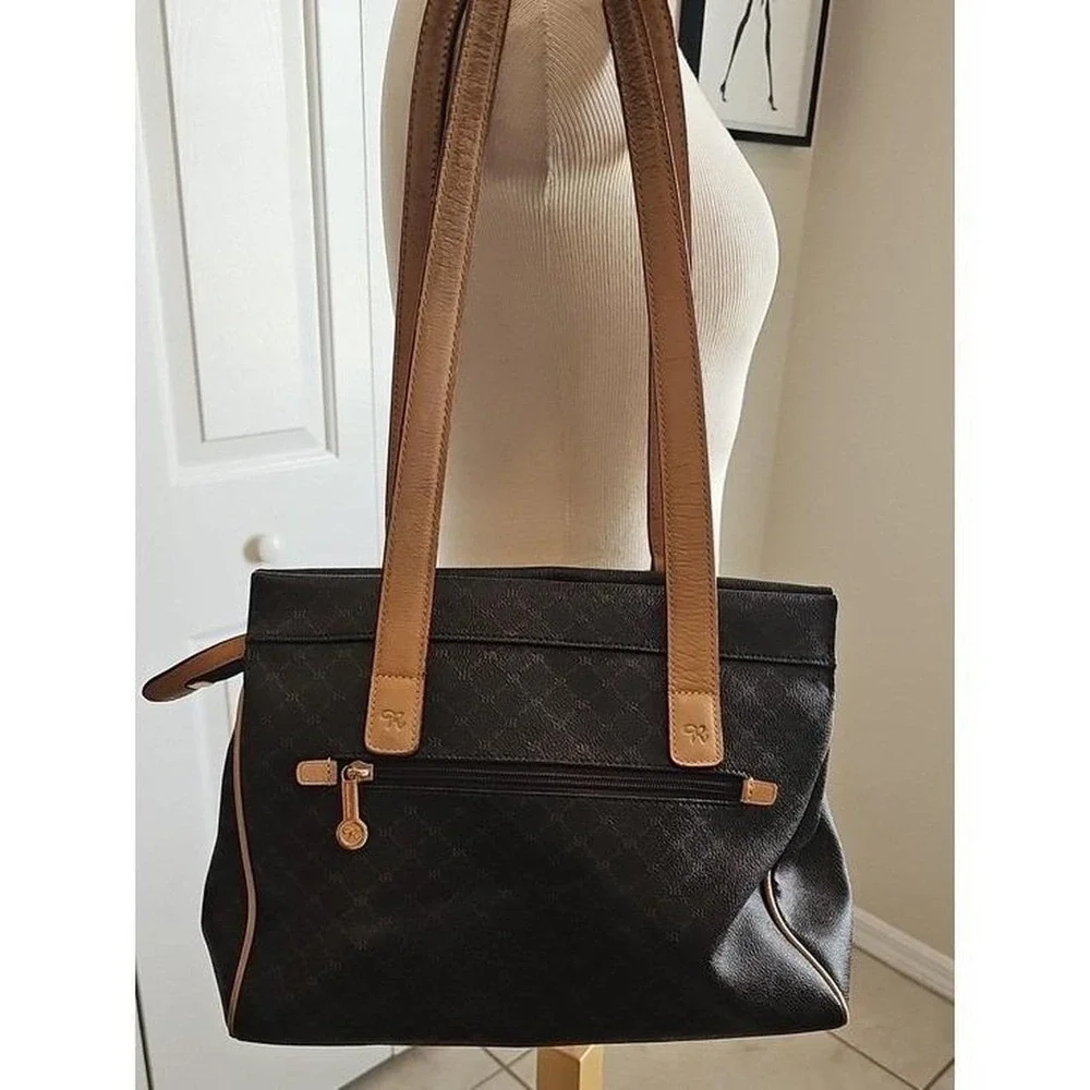 Rioni Signature Monogram Tote Womens Sz M Brown Leather Trim Shoulder Bag J9836Y